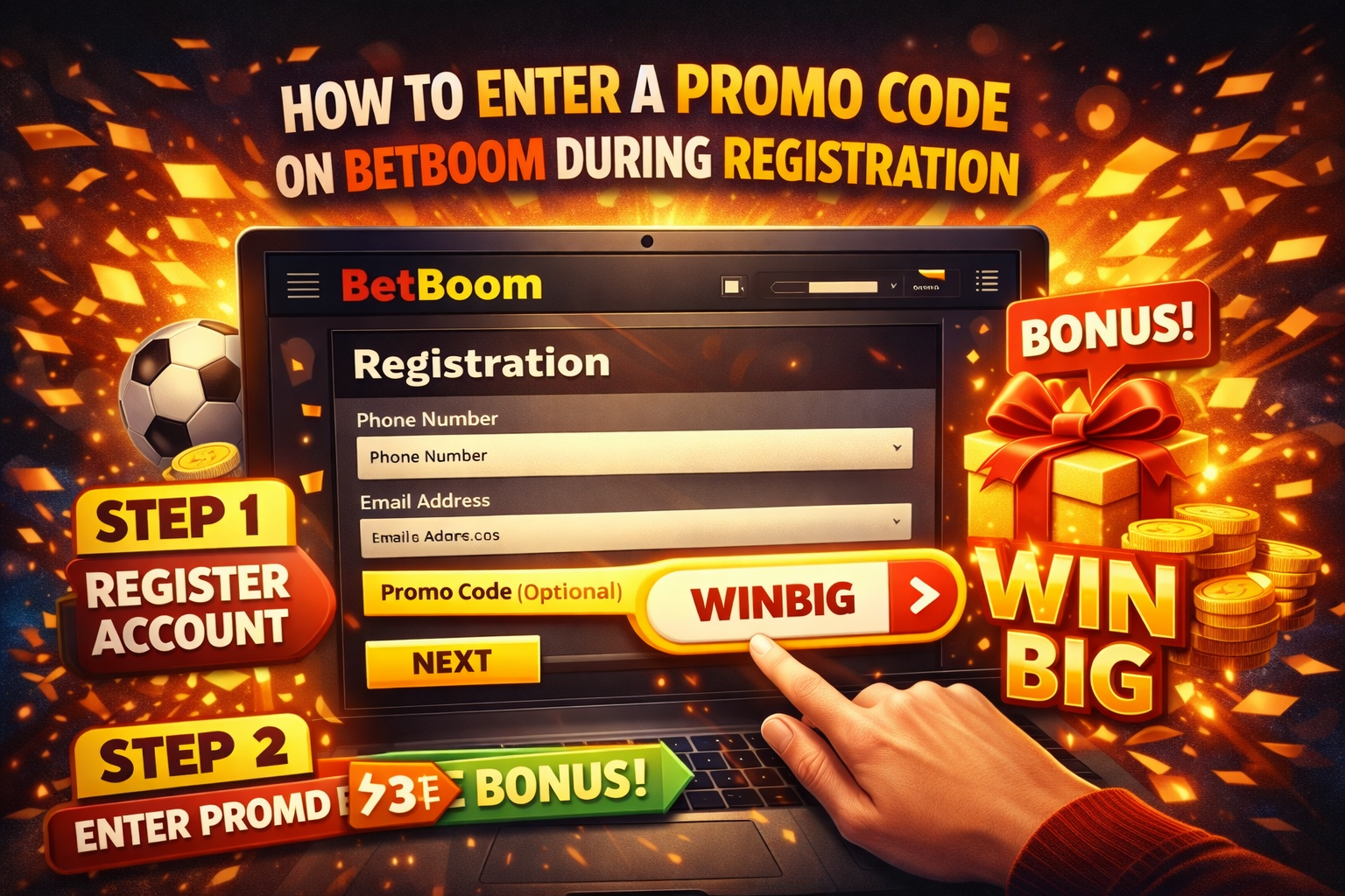Промокод під час реєстрації на платформі БетБум: поле для коду на сайті та закріплення бонусу за акаунтом